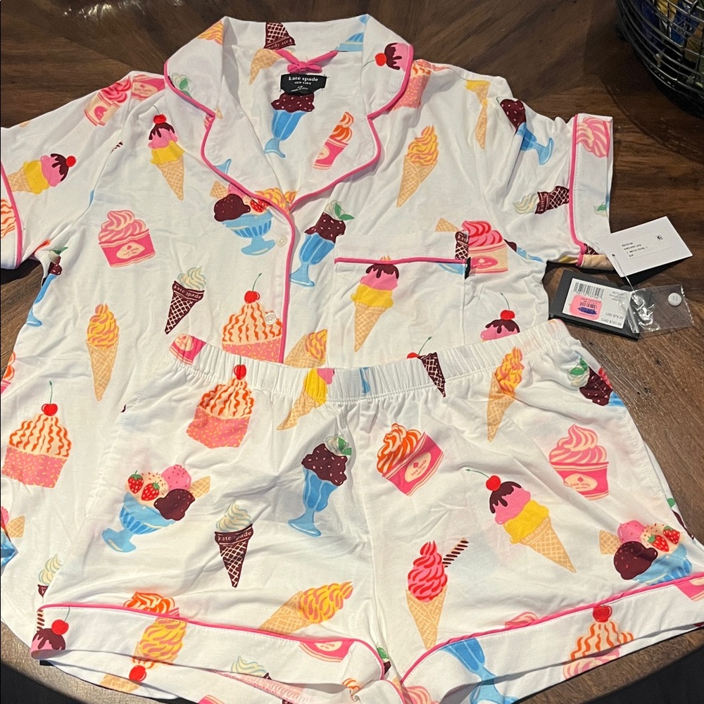 kate spade White Ice Cream & Dessert Print Pajama Set with Pink Trim